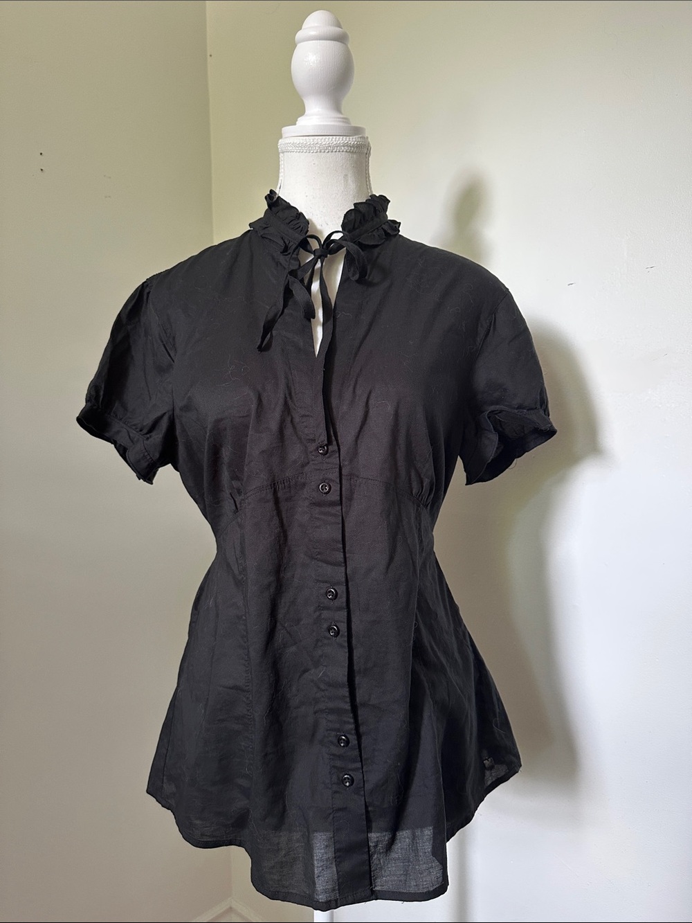 ESPIRIT Black 100% Cotton High Neck Tie Waist Vamp Y2K Short Sleeve Blouse XL